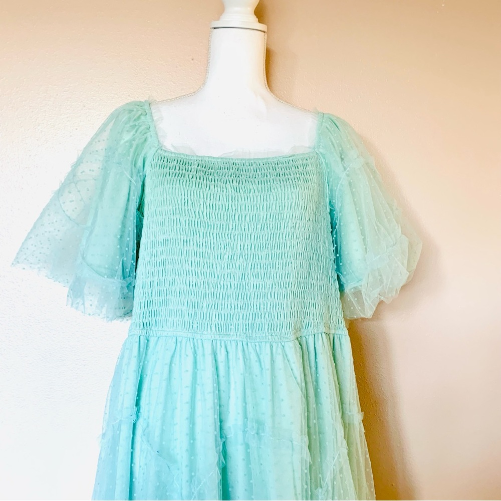 Polagram Mint Green Tulle Swiss Dot Smocked Tiered Dress. - Picture 3 of 16